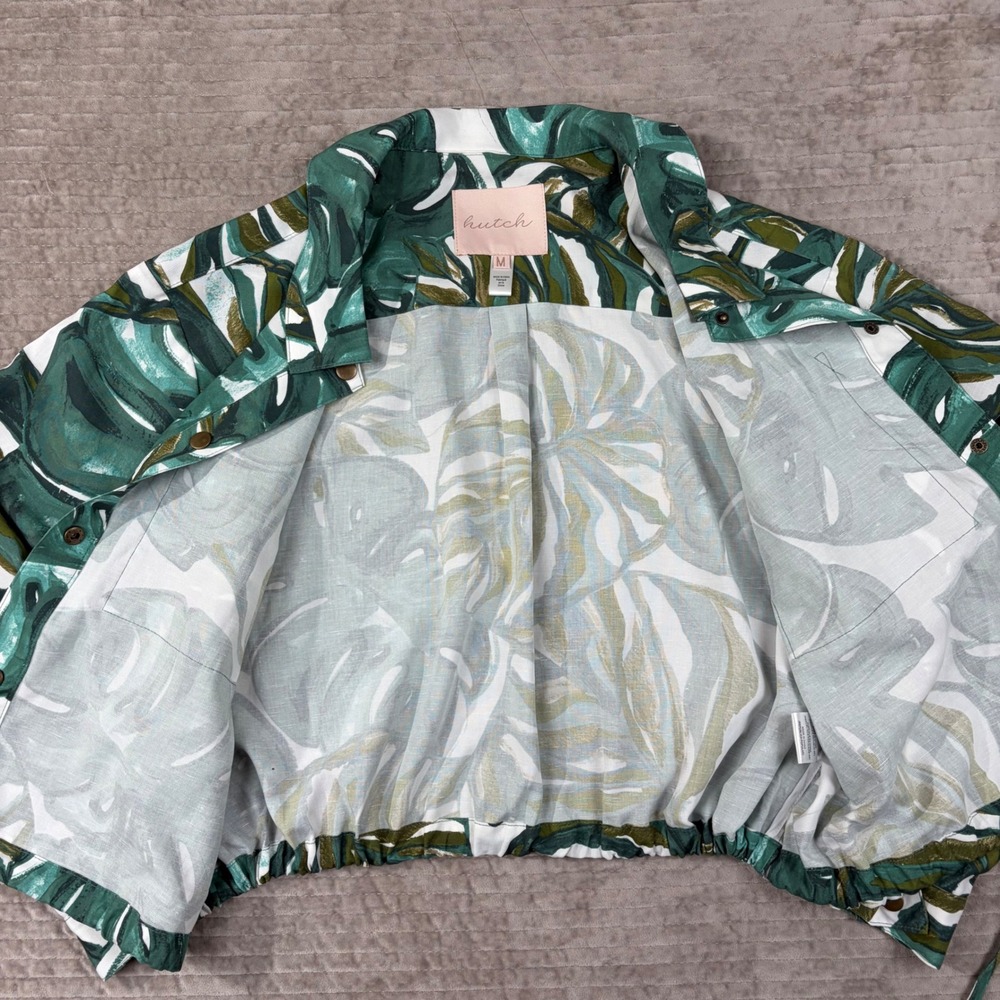 Anthropologie Hutch Tropical Monstera Leaf Cropped Utility Jacket Tencel Linen M - Picture 3 of 8